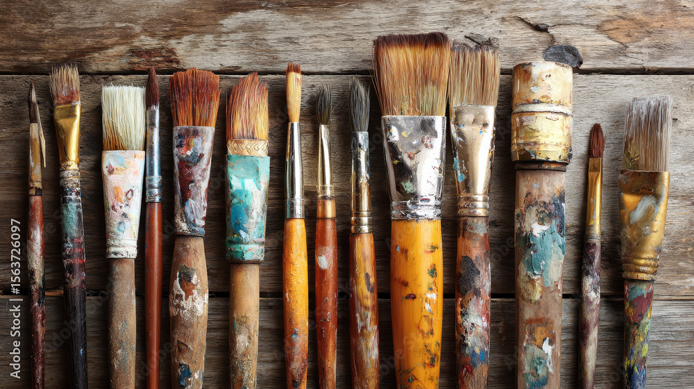 Fototapeta premium Art brushes and tools placed on a wooden table in a painterâ€™s studio setting