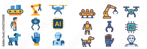Colorful illustration of robotic technology and artificial intelligence concepts featuring robots, drones, and human interaction