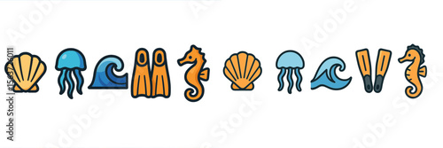 Underwater icons depicting marine life and ocean waves in a colorful and playful design suitable for various creative projects