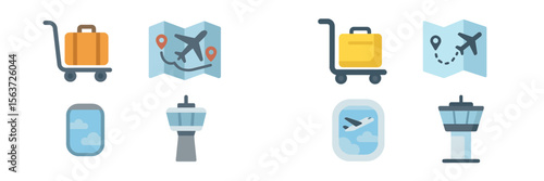 Travel icons representing luggage, maps, and airport activities in a modern flat design
