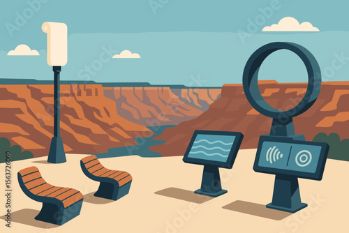 Futuristic canyon overlook with sound panels, sculptural ring, and benches