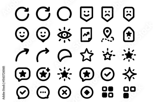 A collection of minimalist icons featuring circular arrows, facial expressions, stars, checkmarks, chat bubbles, location markers, and symbols representing eye, documents, and feedback.