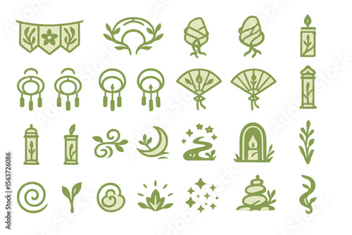 Set of serene ritual symbols with botanical and moon elements