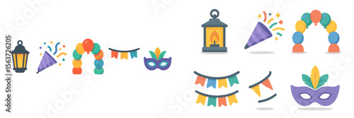 Colorful decorations for a festive celebration with lanterns, masks, and confetti designed to enhance a joyful atmosphere