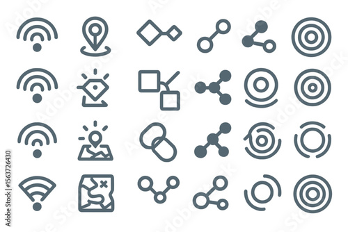 Set of map and location-based navigation icons.