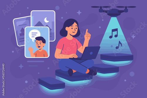 Illustration of a girl using a laptop with interactive features, including drone and music notes.