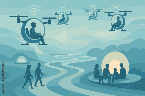 Futuristic scene with drone chairs, walking figures, and a family gathering in a serene landscape.