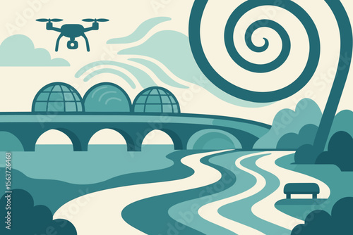 Abstract drone over domed bridge and winding riverside path