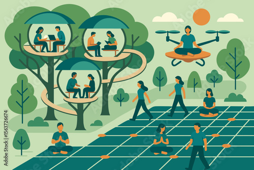 Futuristic park with tree learning pods, drone meditation, and chant grid