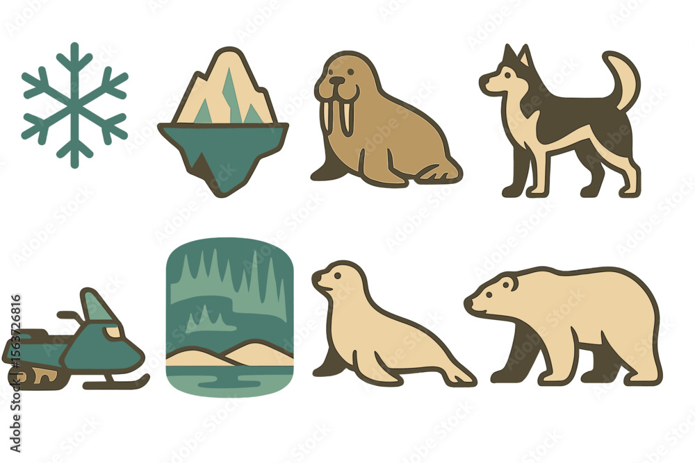 Fototapeta premium Arctic wildlife and activities featuring snow, animals, and landscapes associated with cold environments