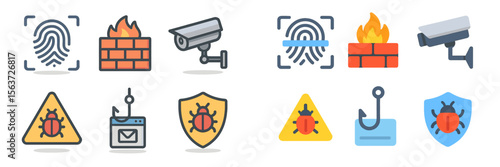 Digital security concepts illustrated with diverse icons representing threats and protective measures