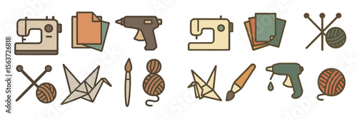 Craft supplies showcase with sewing machines, glue guns, yarn, and art tools for DIY projects