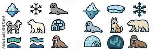 Colorful arctic and antarctic icons illustrate wildlife, ice features, and habitats in detail