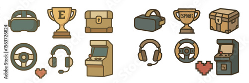 Illustration of gaming symbols and accessories representing virtual reality and esports culture