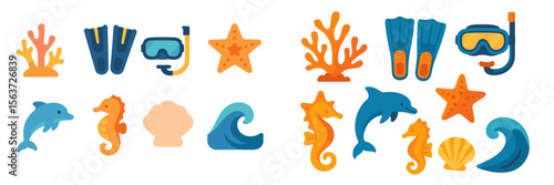 Colorful underwater icons featuring marine life and diving equipment for ocean-themed designs