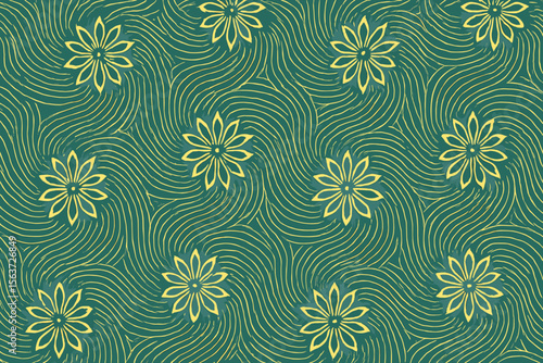 Flowing floral pattern with yellow flowers and green swirling lines.