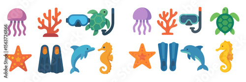 Colorful underwater life represented by marine animals and diving equipment in a vibrant graphic design