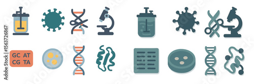 Illustrations of scientific concepts related to biology and microbiology in a laboratory setting