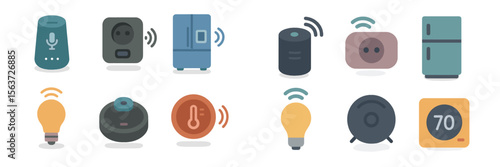 Smart home devices showcase various functionalities including light controls, appliances, and temperature regulation