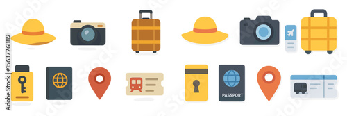 Travel essentials for a summer vacation featuring luggage, hats, and travel documents