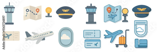 Icons representing various aspects of air travel including planes, maps, and airport elements in a simple design