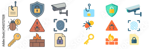 Illustrations of cybersecurity elements and concepts representing various security measures and threats in digital environments