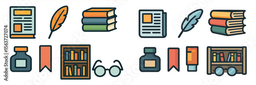 Colorful collection of writing and reading icons depicting various literary tools and materials for book lovers and writers