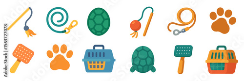 Various pet care icons displayed including toys, leashes, and food containers