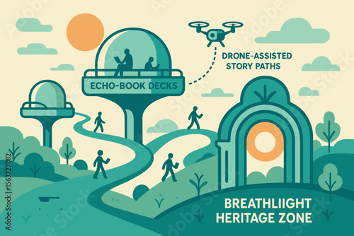 Futuristic heritage park with drone-guided storytelling and reading decks