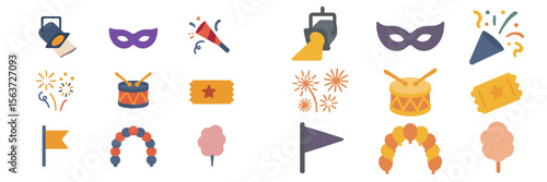 Colorful carnival icons representing festive activities for joyful celebrations and entertainment gatherings