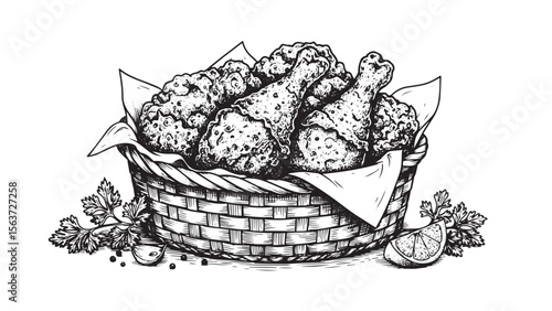 Engraved fried chicken in food basket with garnish in bold black and white line art