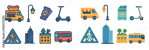 Urban transportation concepts featuring food trucks, scooters, and city infrastructure during daytime in an animated style