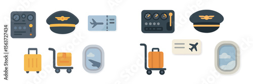 Flight essentials and travel icons illustrating pilot gear, luggage, airplane tickets, and cabin views at an airport
