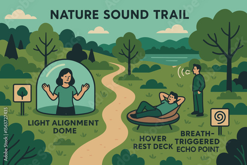 Illustration of a nature sound trail with interactive features for relaxation and sound experiences.