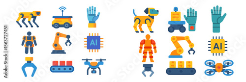Innovations in robotics and artificial intelligence showcased through colorful icons representing various technologies and applications