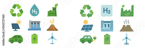 Illustrations depicting various renewable energy sources and environmental concepts in a colorful grid layout
