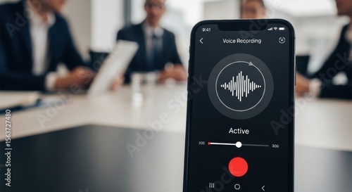 A man holding a phone with an active voice recording app over a blurred business meeting. Cyber surveillance concept.