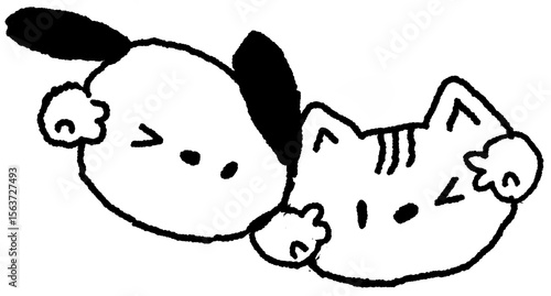 사진 포즈를 취하는 강아지와 고양이 흑백 손그림 캐릭터