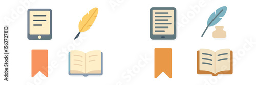 Illustration comparing digital reading devices and traditional books, showcasing e-readers and paper formats with writing tools