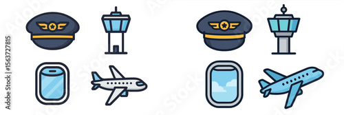 Icons representing aviation elements including pilots, control towers, and aircraft windows commonly used in travel-related graphics