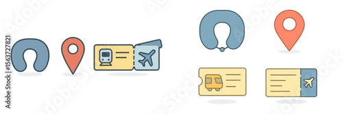 Travel essentials and icons for planning a trip with transportation tickets, luggage tags, and neck pillow