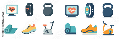 Fitness and health technology icons showcasing workout gear and tracking devices for an active lifestyle