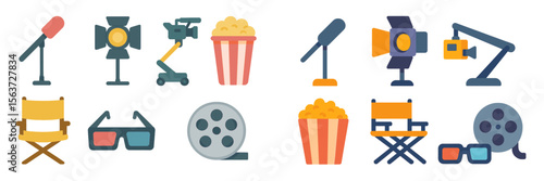 Equipment and symbols of the film industry arranged on a flat background featuring cameras and projectors