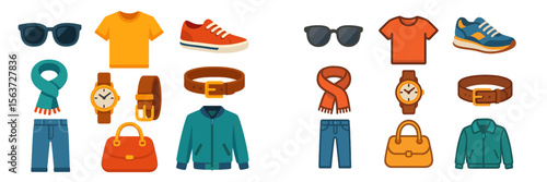 Collection of casual clothing and accessories displayed for summer and fall outfits in a vibrant assortment of colors and styles
