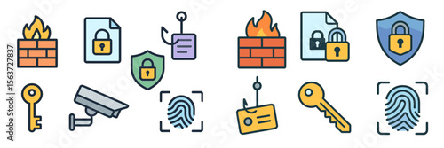 Icons depicting cybersecurity elements showcasing threats, protective measures, and surveillance technology in a digital environment