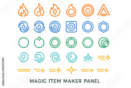 A vibrant set of geometric icons in various colors, symbolizing different magical elements like fire, water, and energy, with additional abstract symbols for a magic item maker panel.