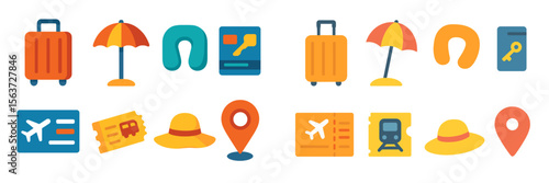 Travel essentials for summer vacations showcasing luggage, accessories, and travel documents in vibrant colors