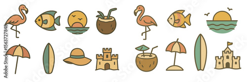 Colorful summer beach icons featuring animals, sun, and beach accessories arranged in a fun, lively pattern
