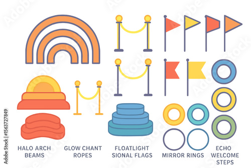 A set of vibrant, celebratory elements, including halo arch beams, glowing chant ropes, floatlight signal flags, mirror rings, and welcoming steps, perfect for festive occasions or event designs.