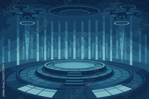 Futuristic environment with hovering drones, circular platforms, and illuminated vertical beams.